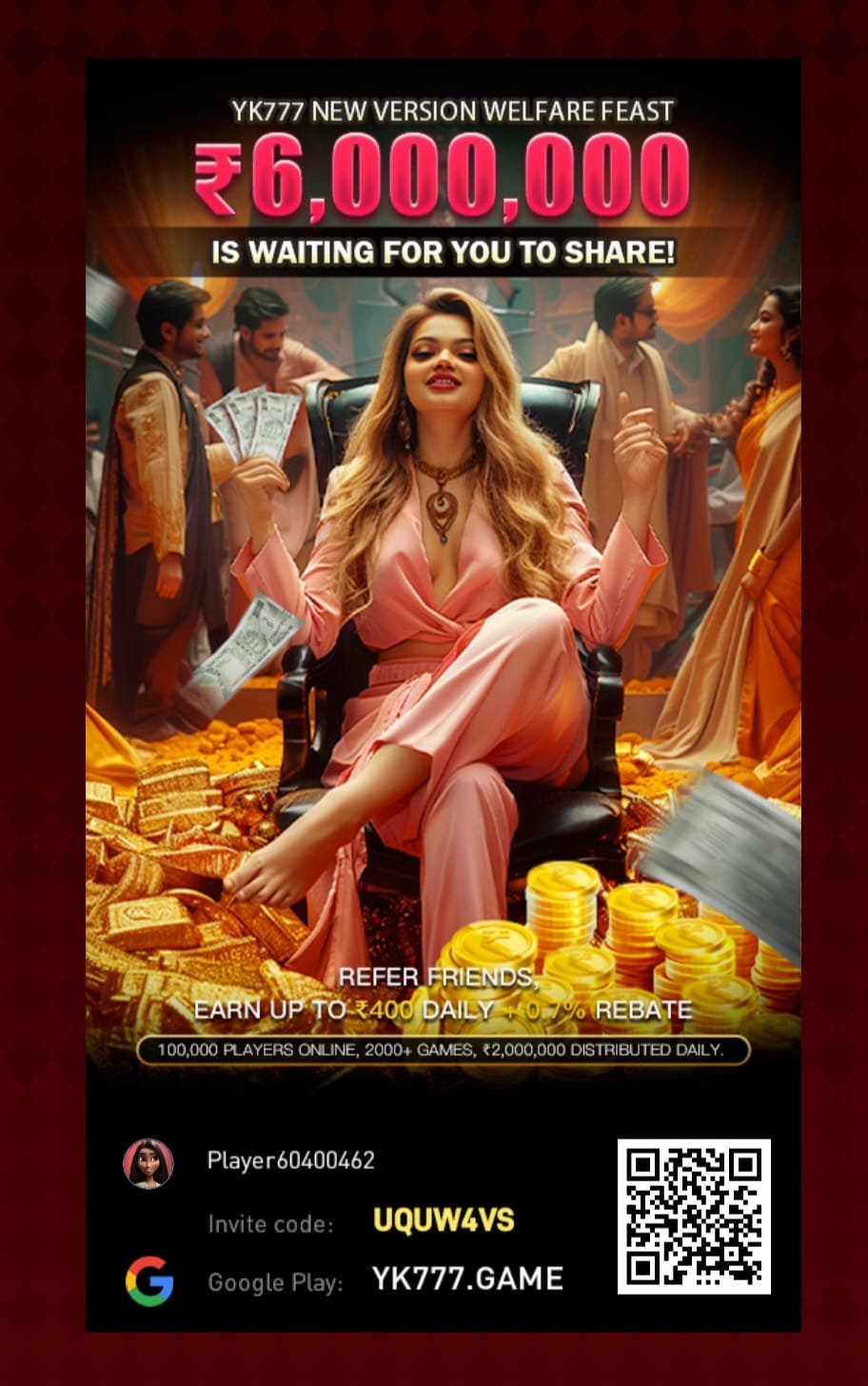 Promotional poster showing a woman seated on a pile of gold with several people standing behind her, advertising a ₹6,000,000 reward and a referral bonus program.